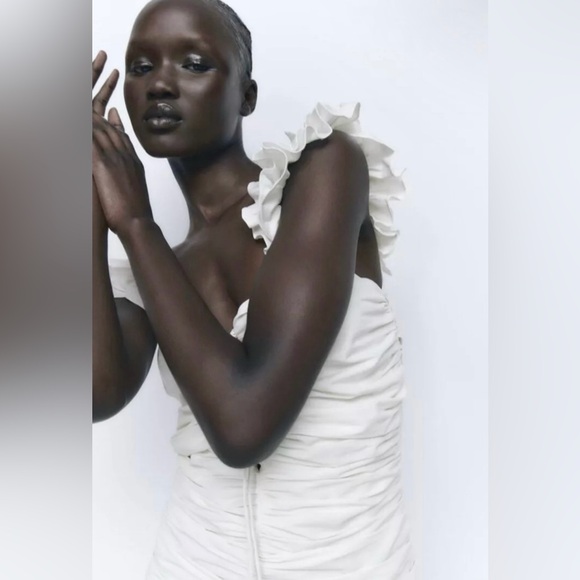 Women Draped Off White Linen Blend Zara Bodycon Mini Dress - Picture 4 of 10